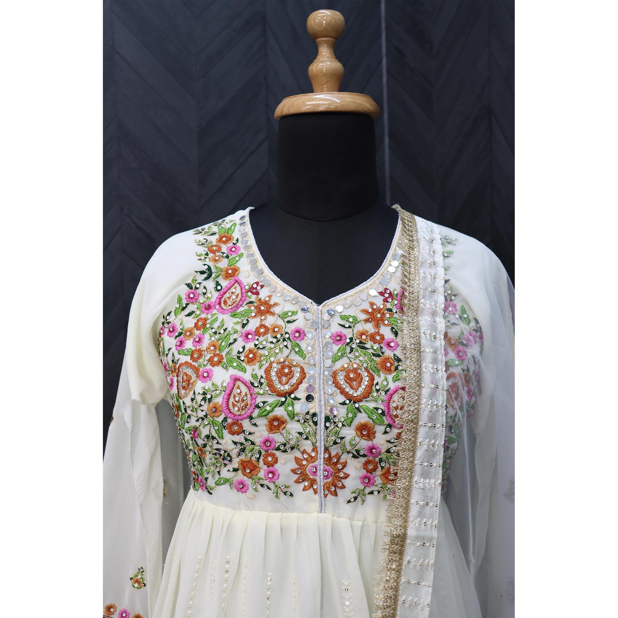 White Embroidered With Embellished Georgette Anarkali Style Gown - Peachmode