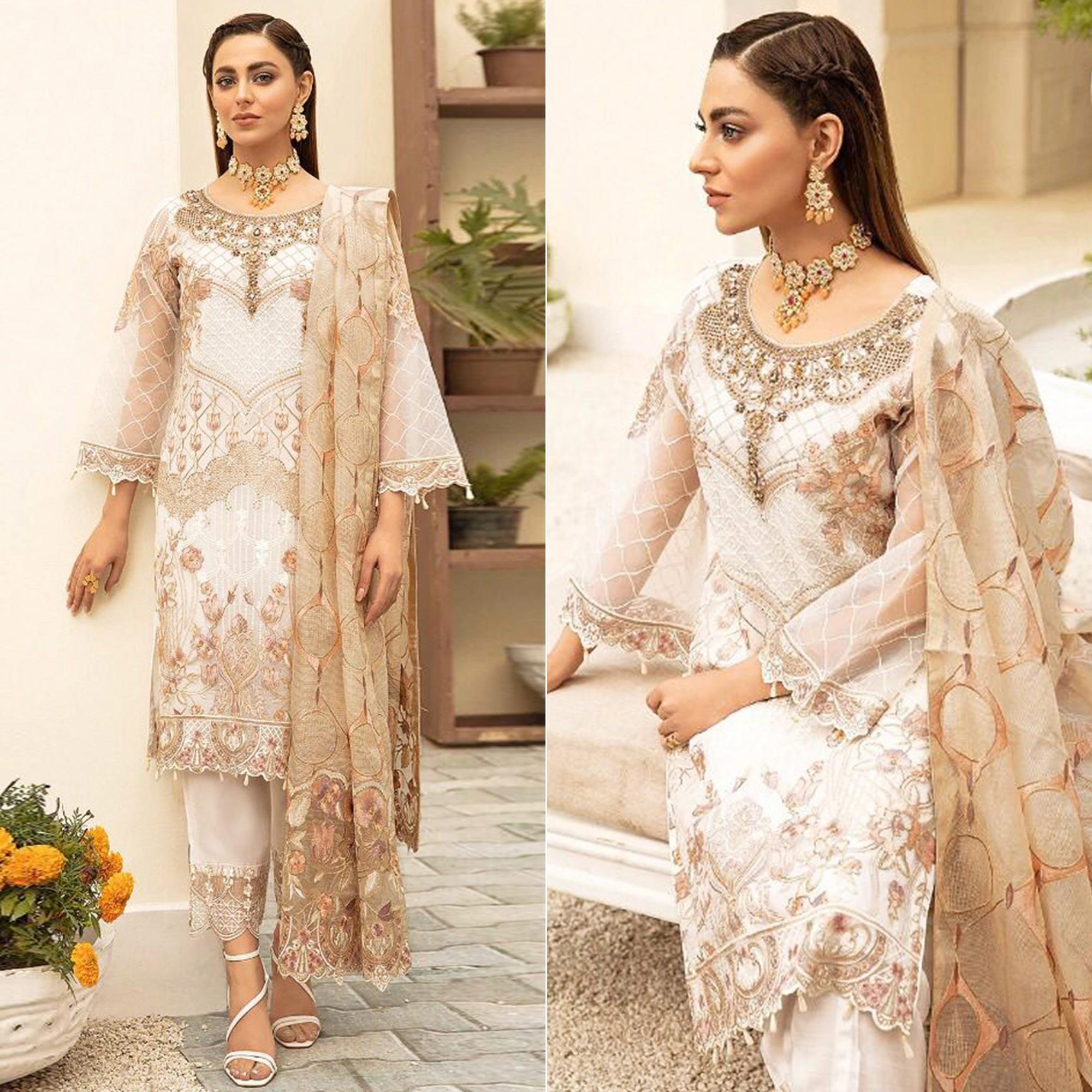 White Embroidered With Embellished Georgette Pakistani Suit - Peachmode