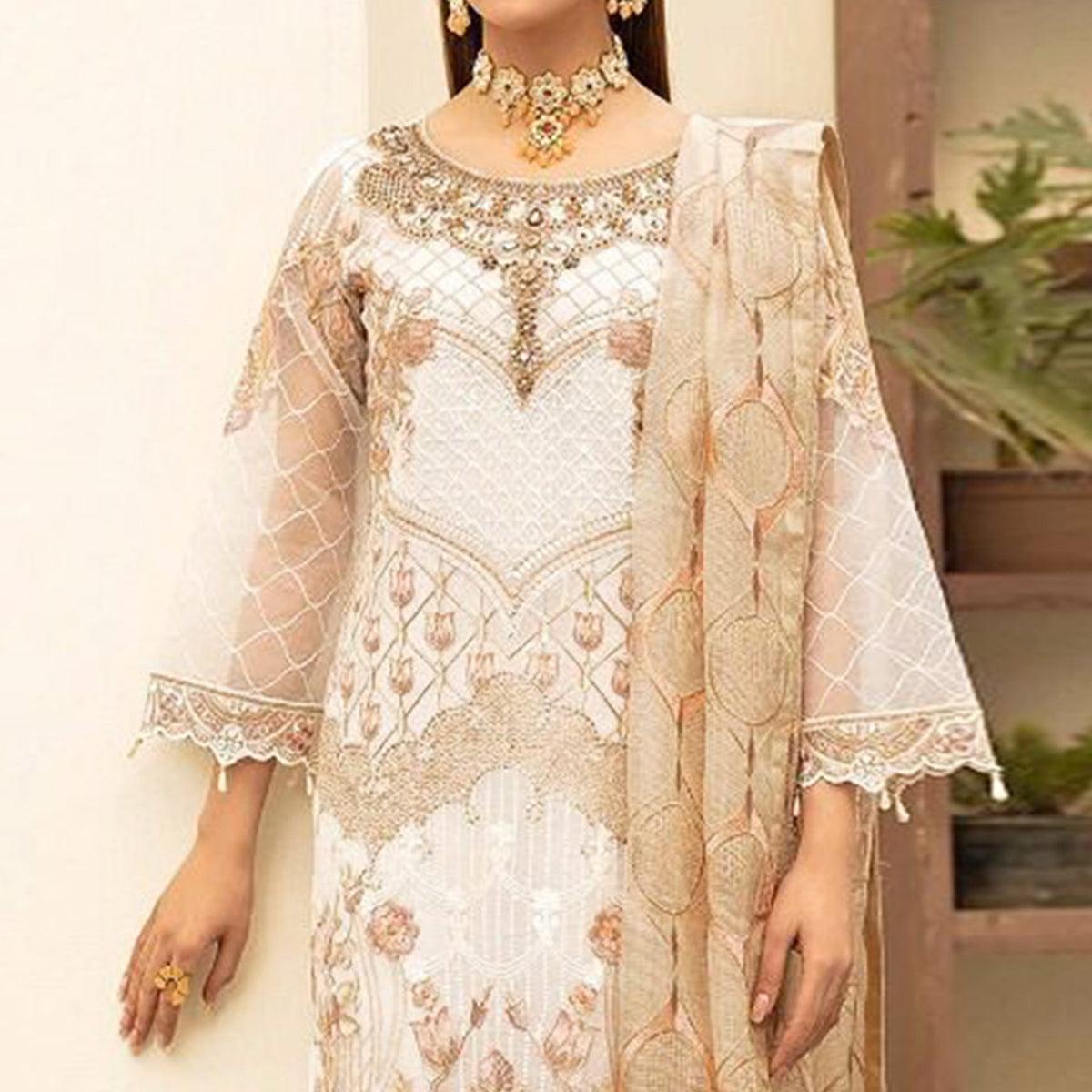 White Embroidered With Embellished Georgette Pakistani Suit - Peachmode