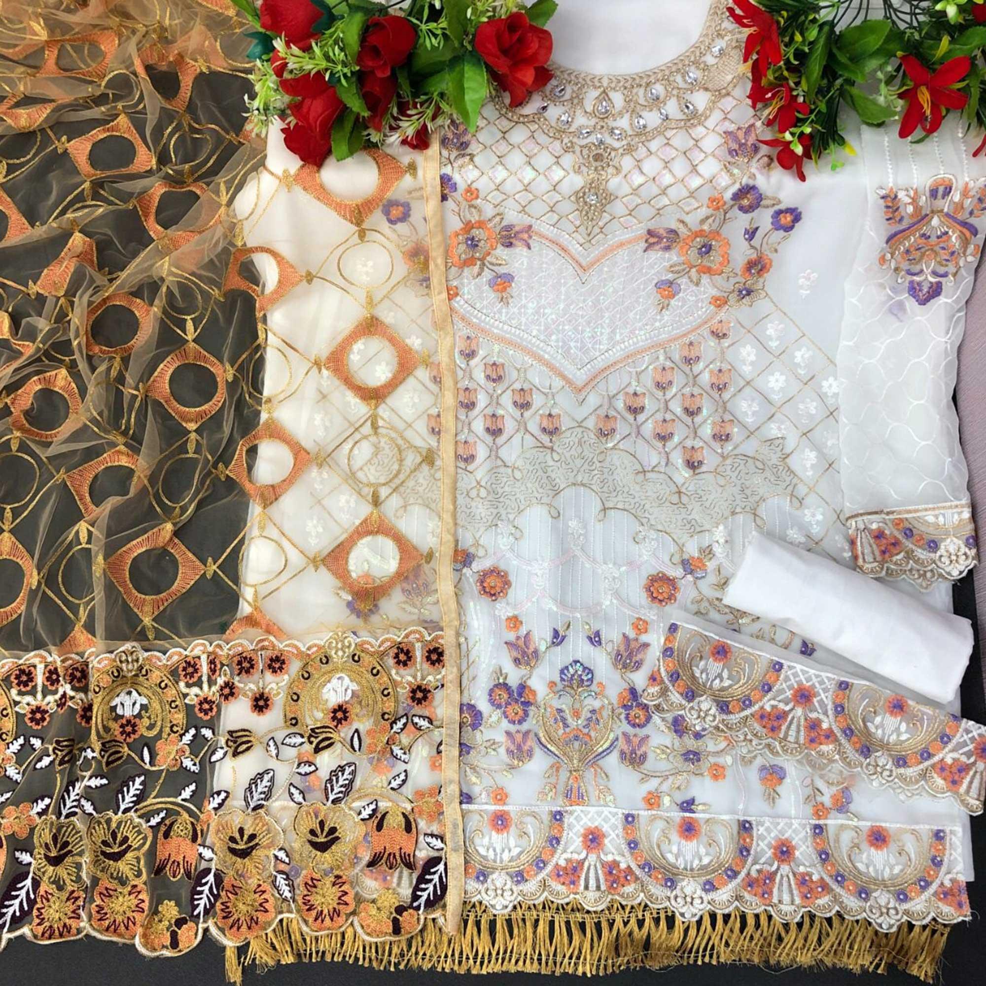 White Embroidered With Embellished Georgette Pakistani Suit - Peachmode