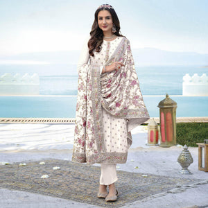 White Embroidered With Embellished Georgette Salwar Suit - Peachmode