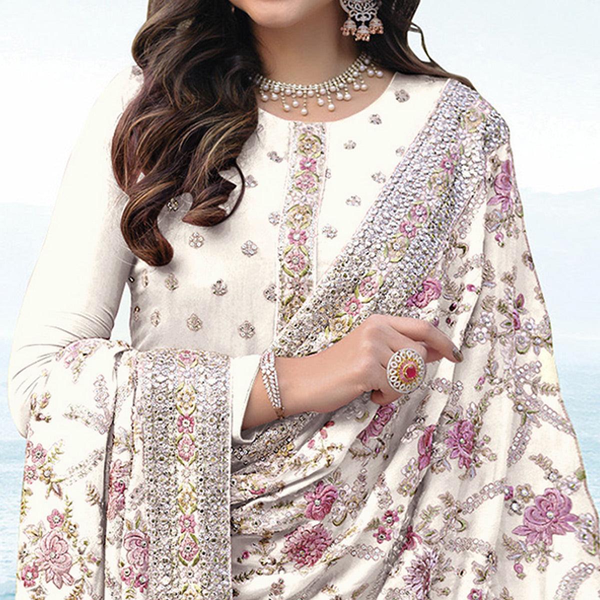 White Embroidered With Embellished Georgette Salwar Suit - Peachmode