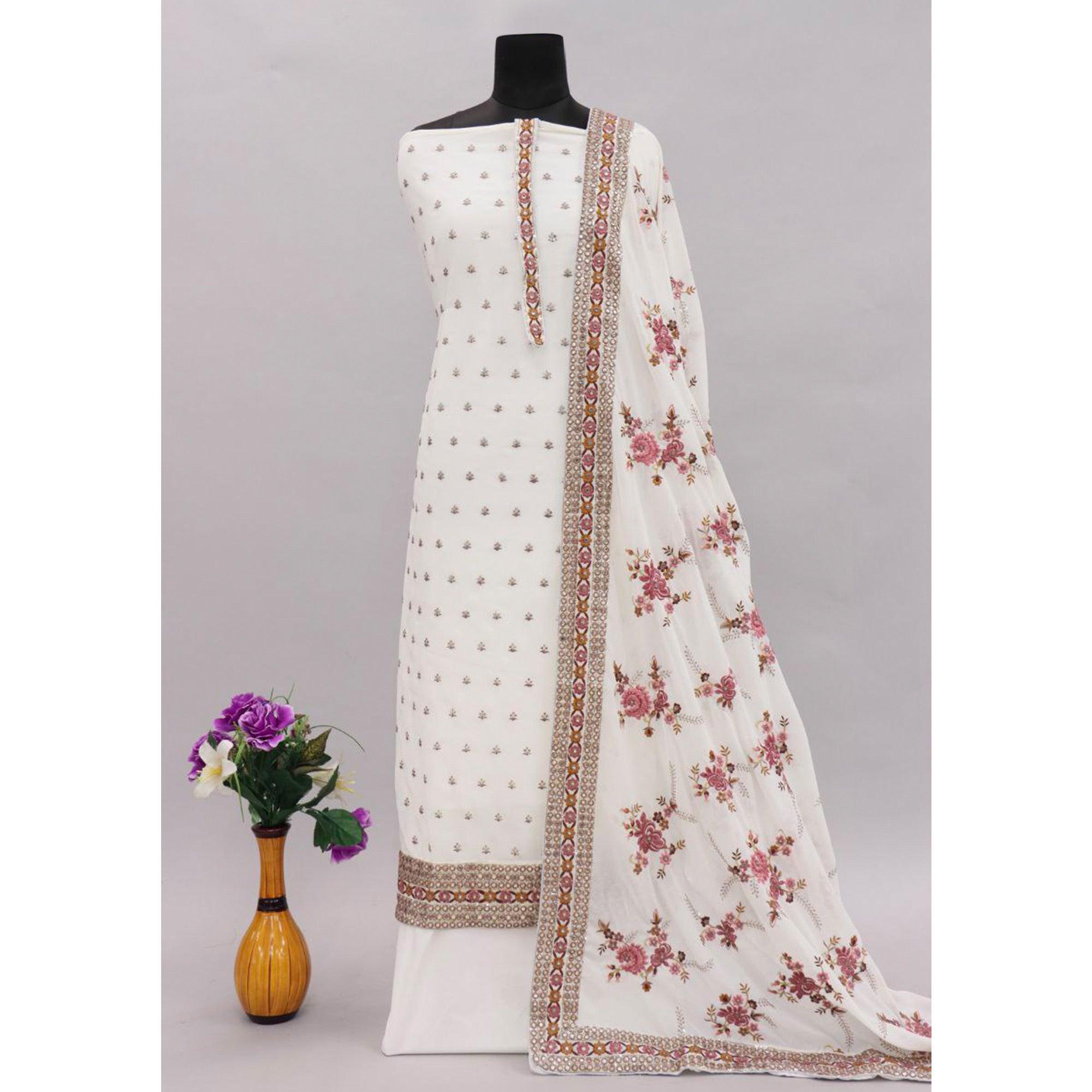 White Embroidered With Embellished Georgette Salwar Suit - Peachmode