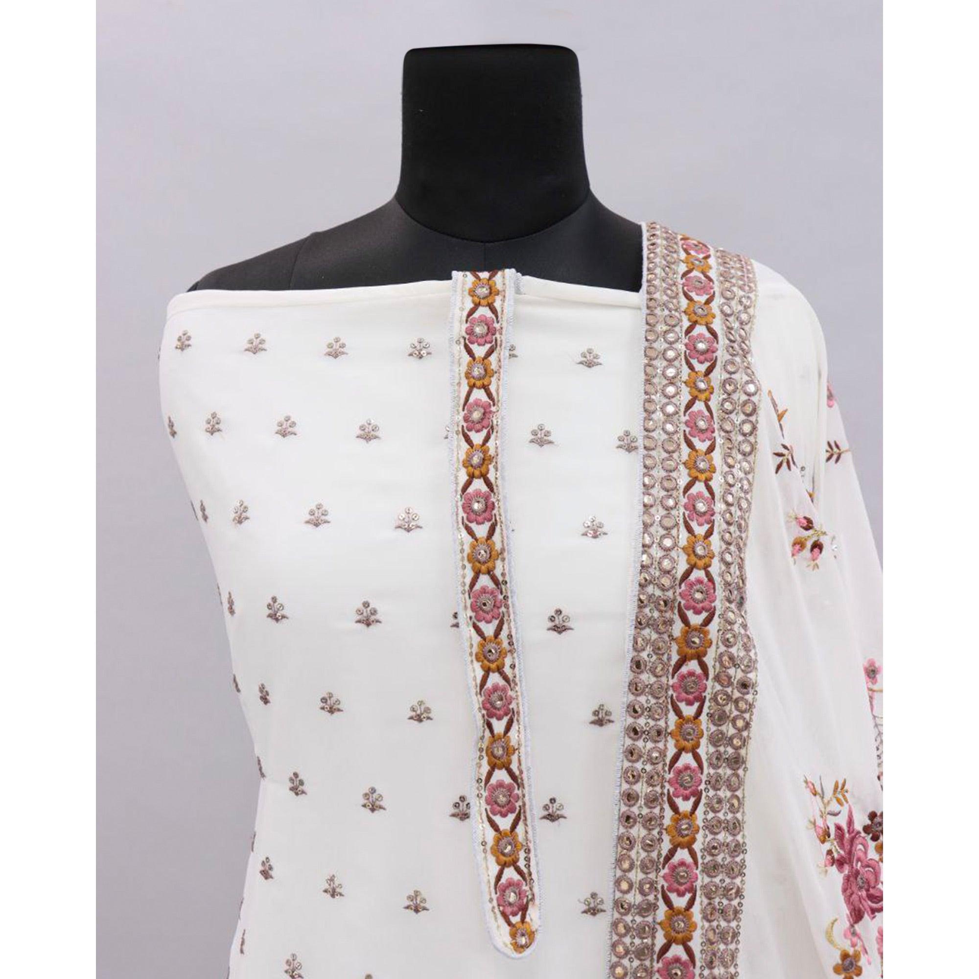 White Embroidered With Embellished Georgette Salwar Suit - Peachmode