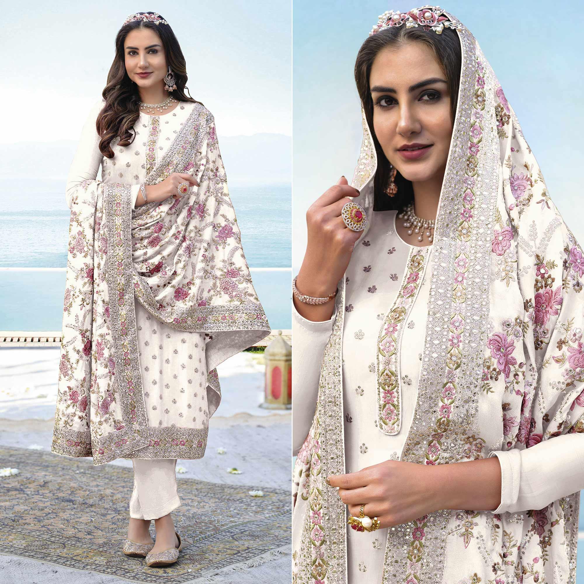 White Embroidered With Embellished Georgette Salwar Suit - Peachmode