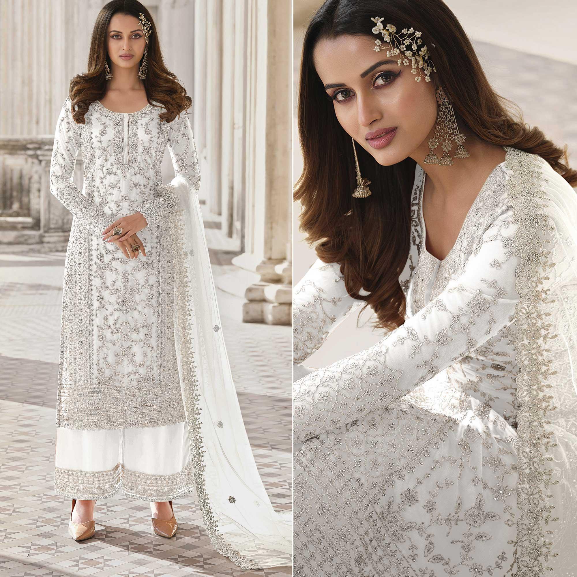 White Embroidered With Embellished Net Palazzo Suit - Peachmode