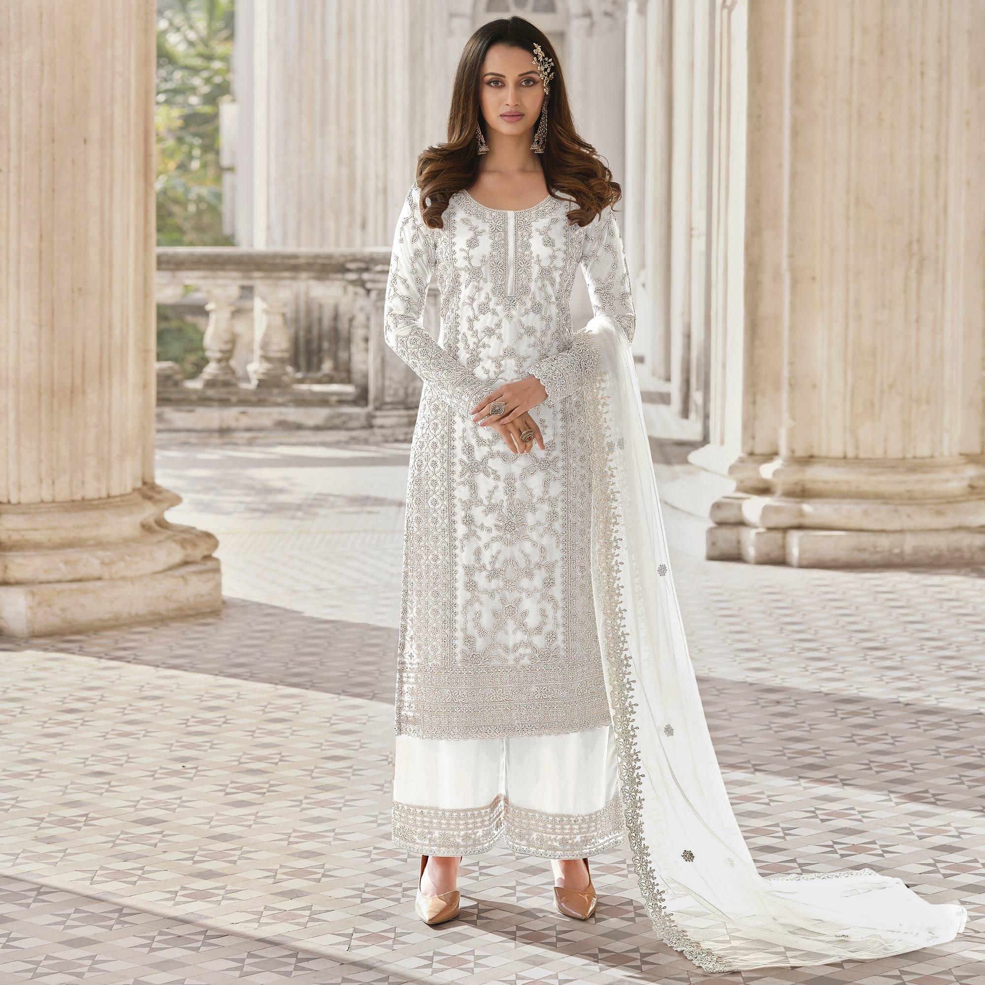 White Embroidered With Embellished Net Palazzo Suit - Peachmode