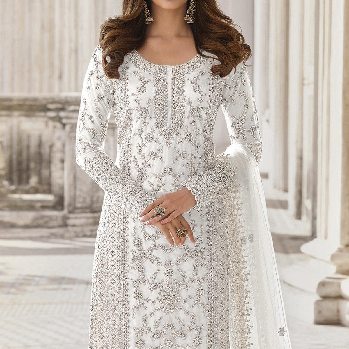White Embroidered With Embellished Net Palazzo Suit - Peachmode