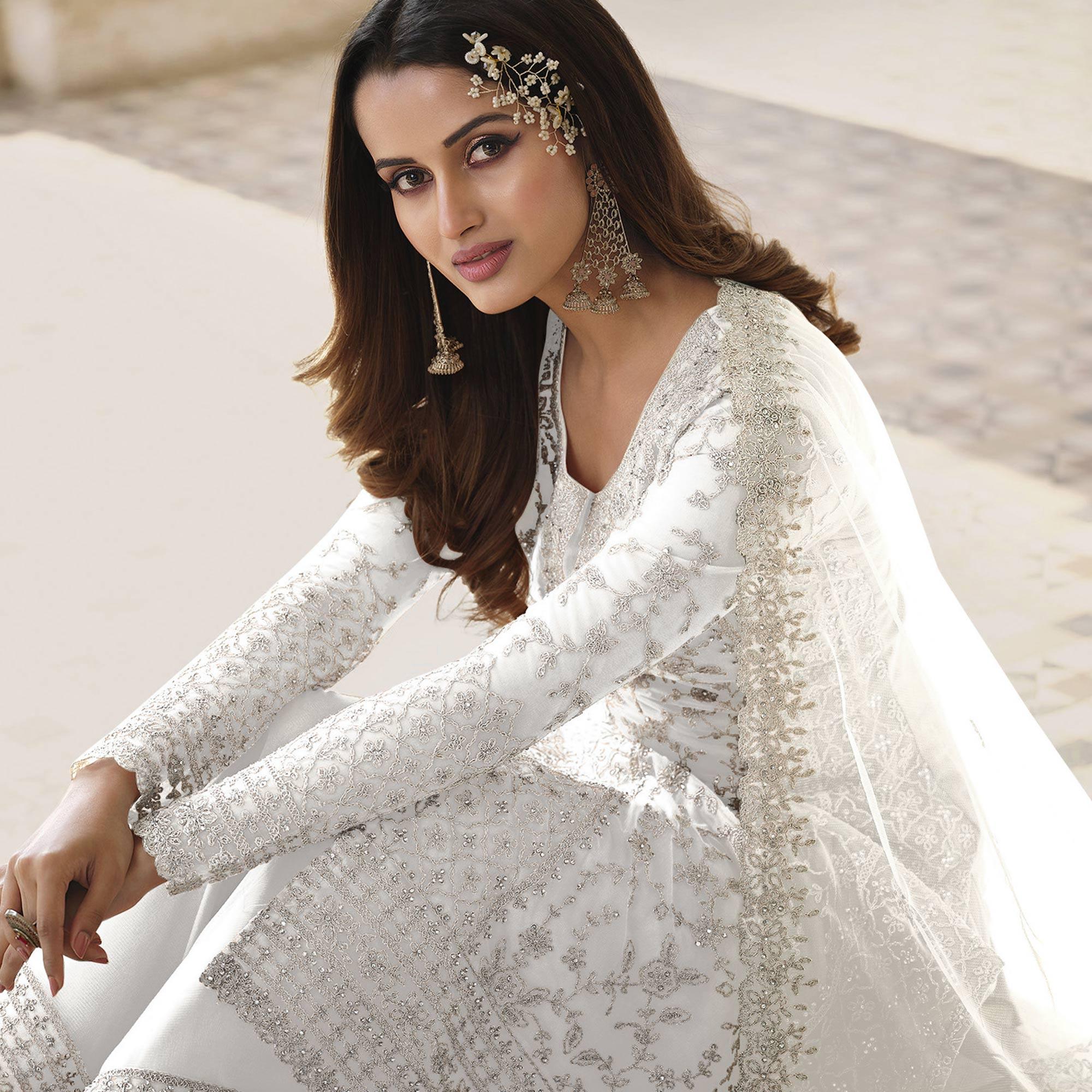 White Embroidered With Embellished Net Palazzo Suit - Peachmode