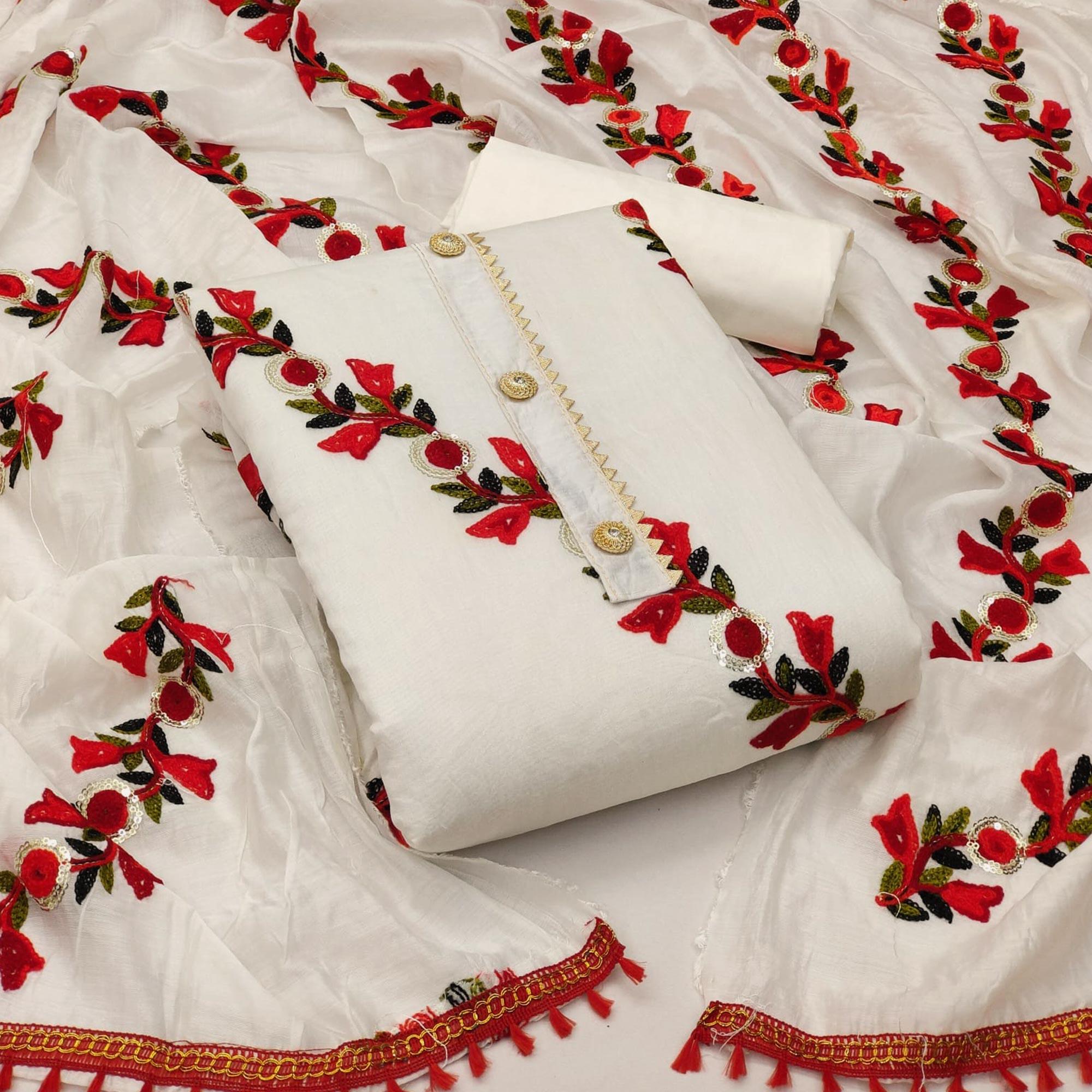 White Embroidered With Embellished Poly Cotton Dress Material - Peachmode