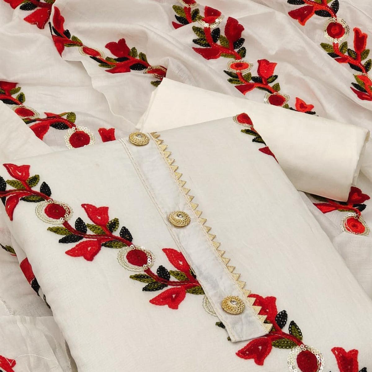 White Embroidered With Embellished Poly Cotton Dress Material - Peachmode