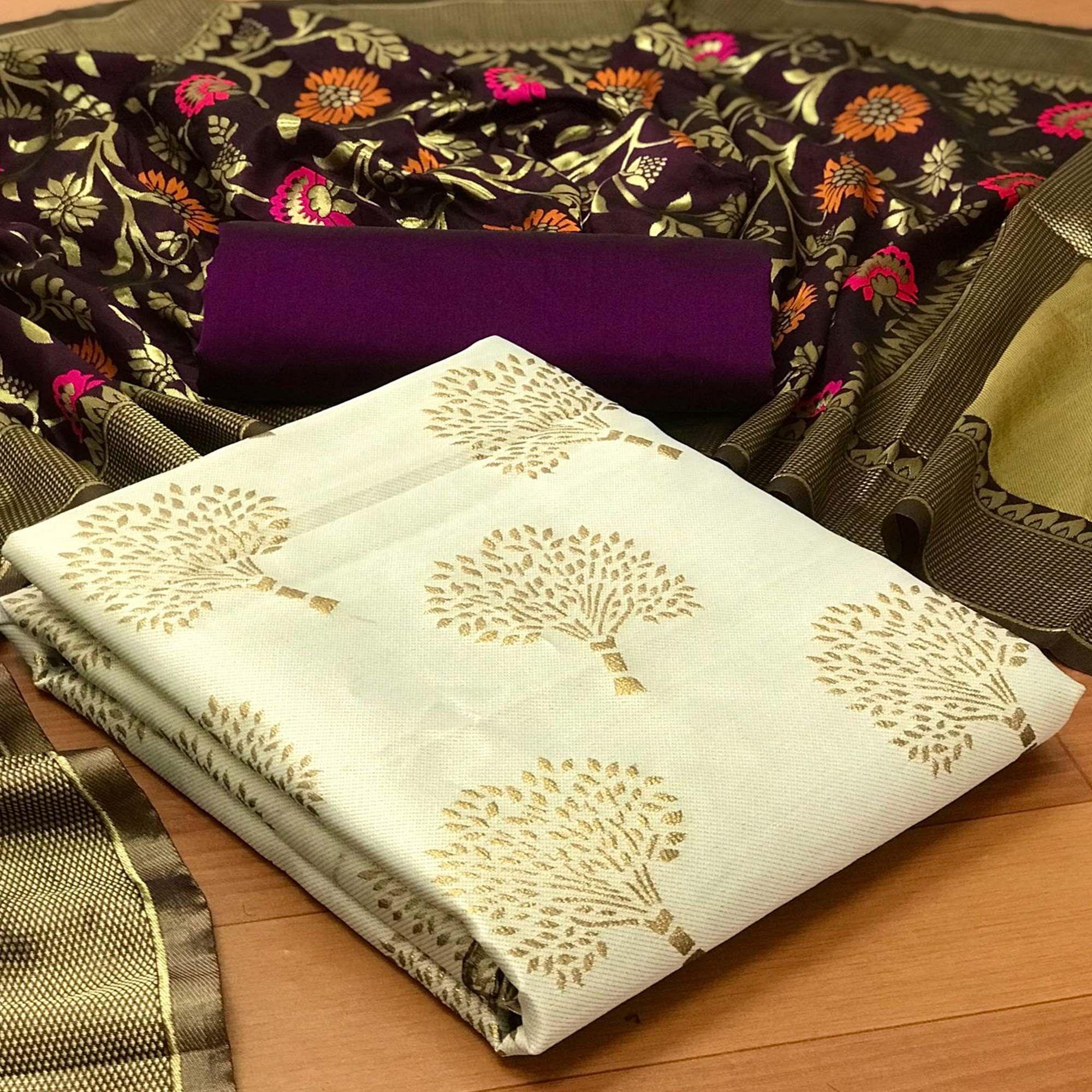 White Festive Wear Embroidered Banarasi Silk Dress Material - Peachmode