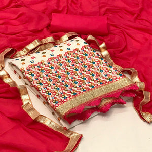 White Festive Wear Embroidery With Embellished Cotton Dress Material - Peachmode