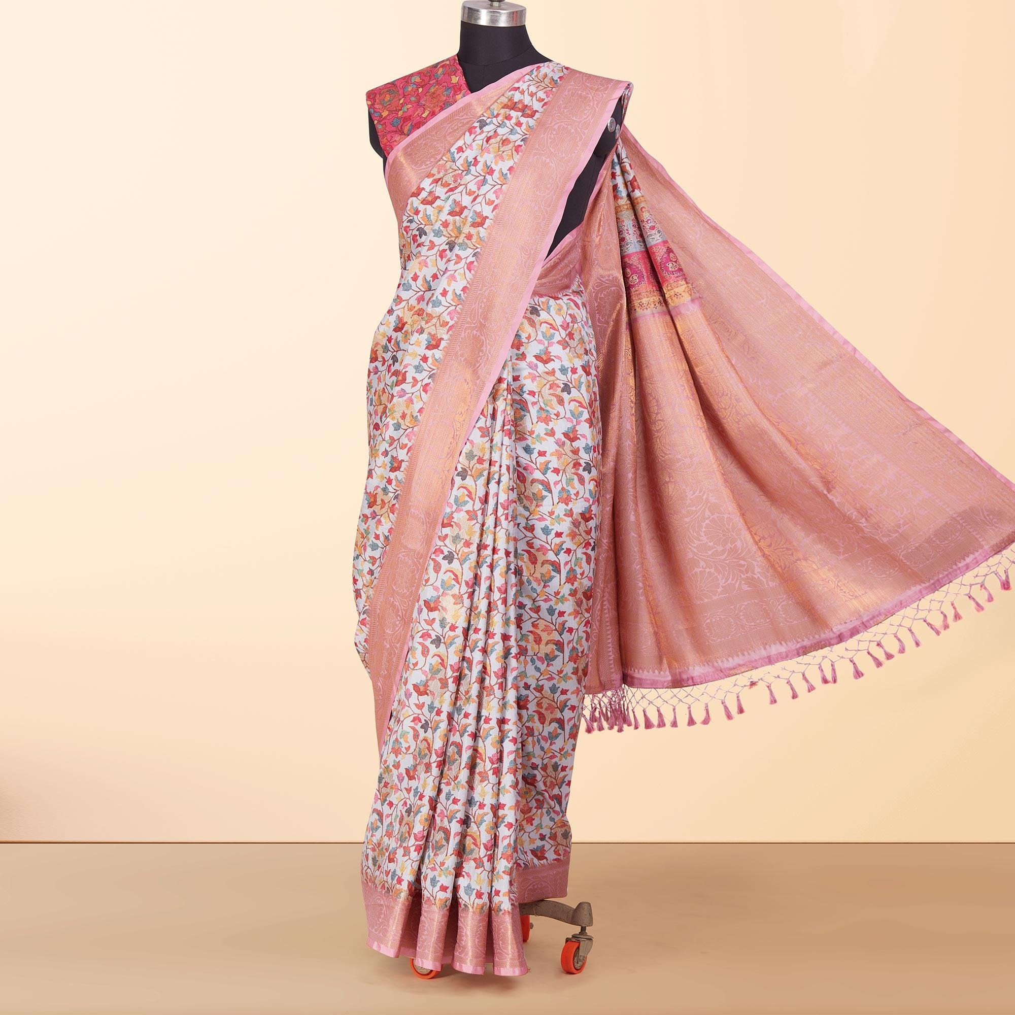 White Festive Wear Floral Digital Printed Woven Silk Saree - Peachmode