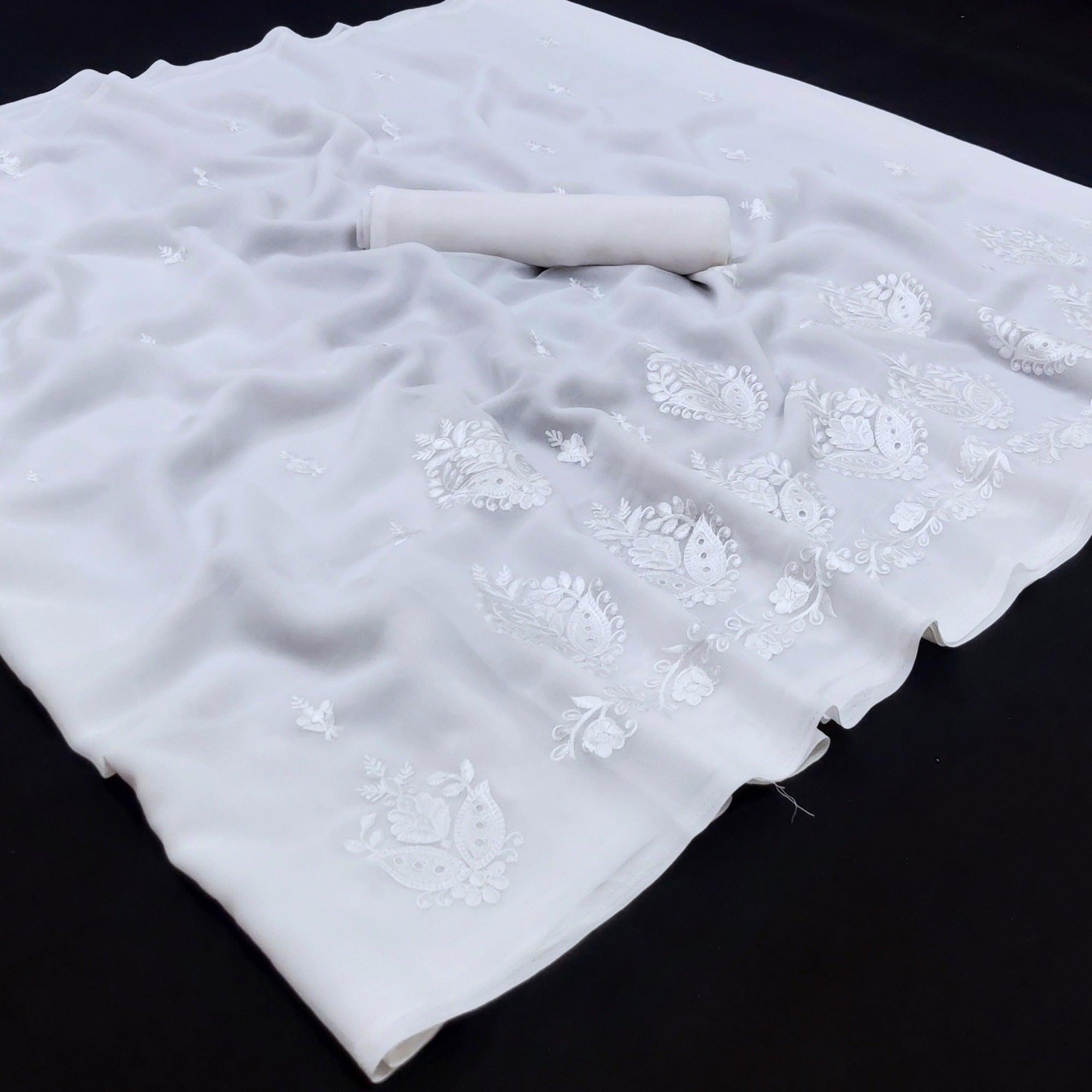 White Festive Wear Floral Embroidered Georgette Saree - Peachmode