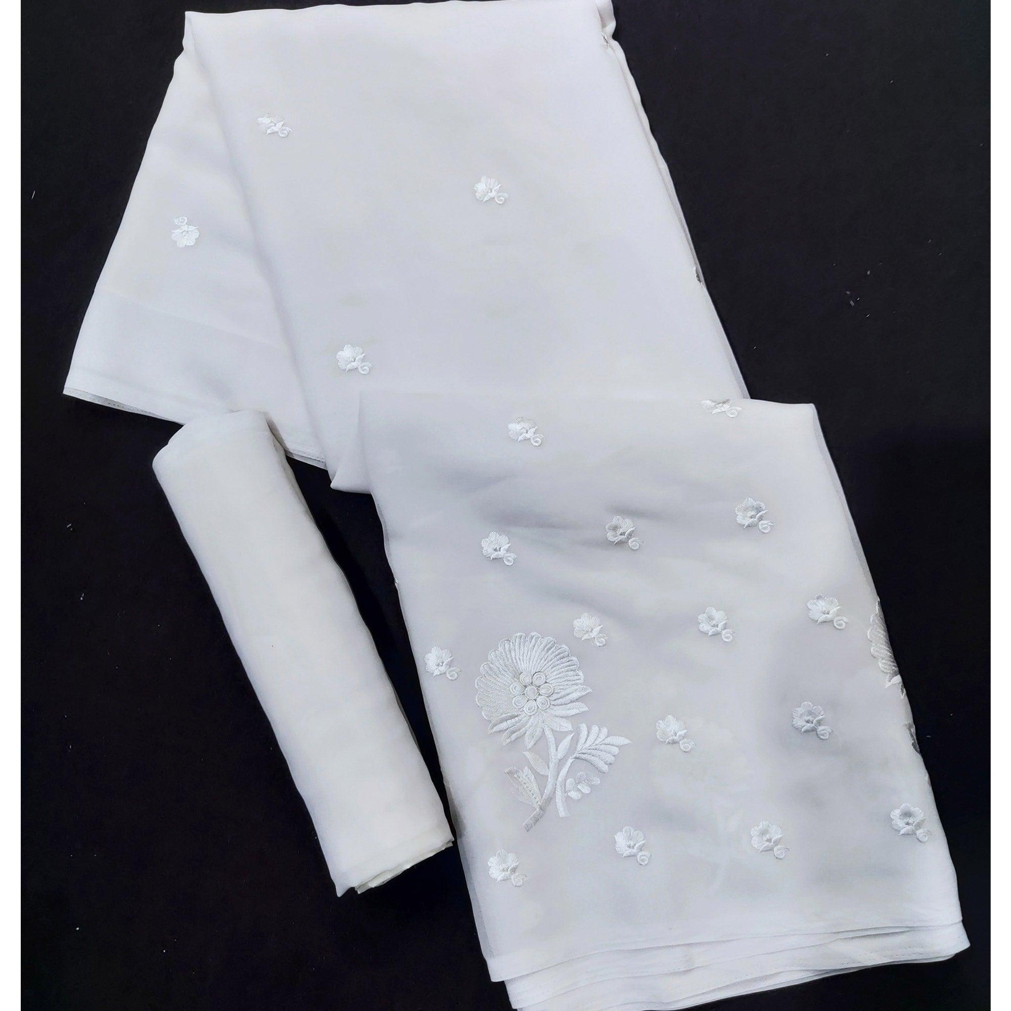 White Festive Wear Floral Embroidered Georgette Saree - Peachmode