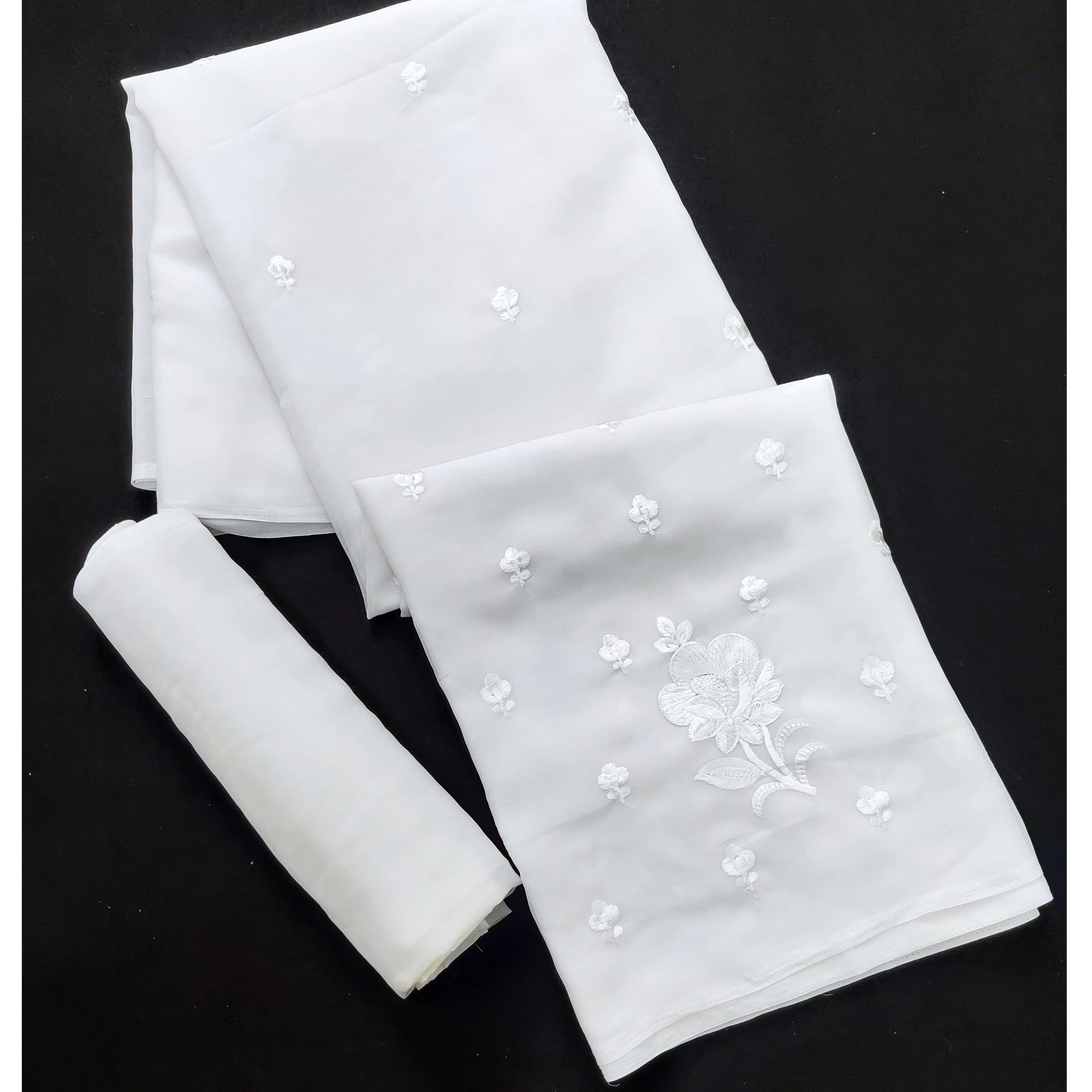 White Festive Wear Floral Embroidered Georgette Saree - Peachmode