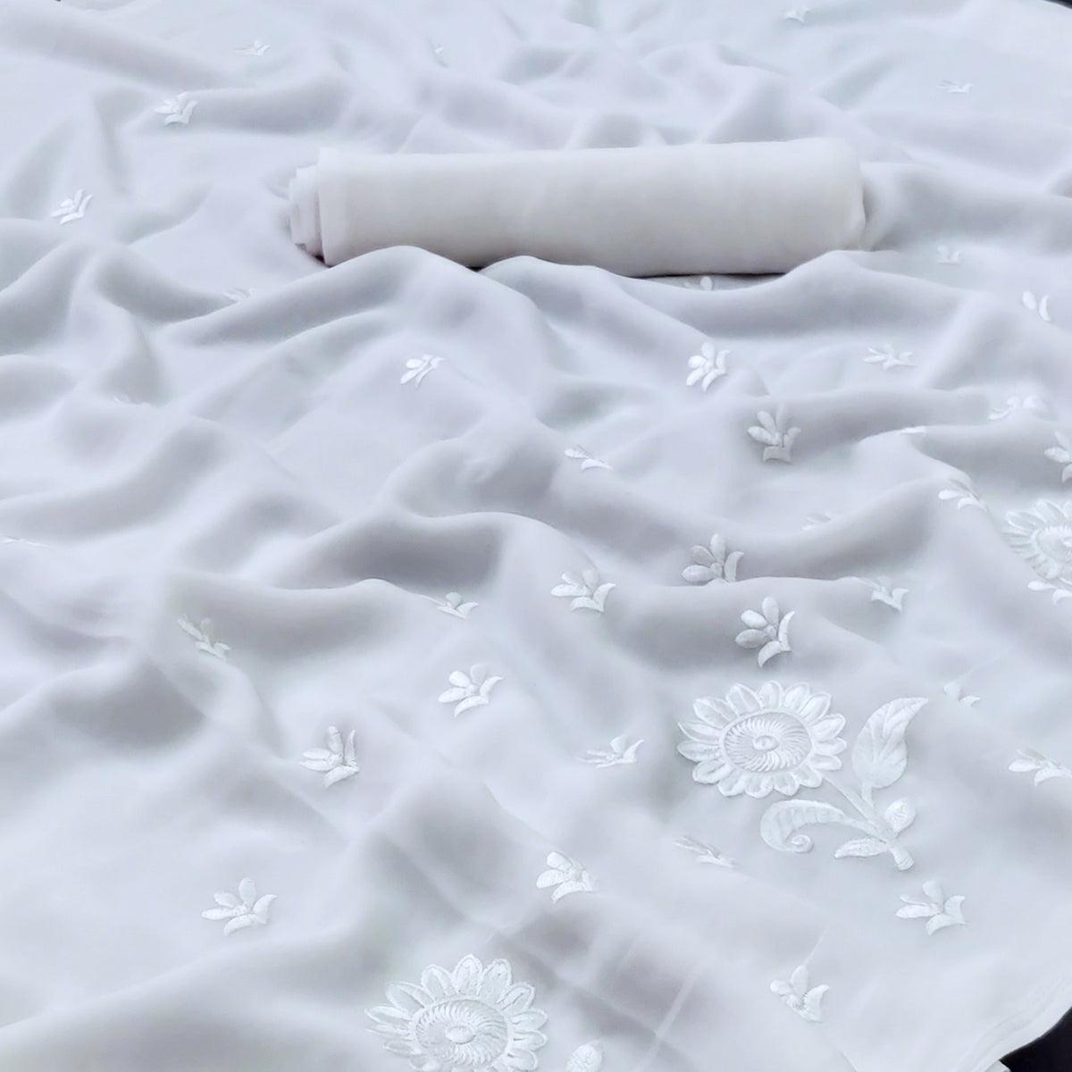 White Festive Wear Floral Embroidered Georgette Saree - Peachmode