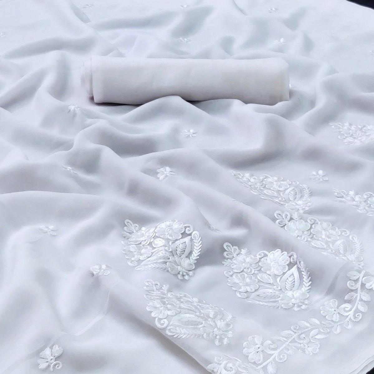 White Festive Wear Floral Embroidered Georgette Saree - Peachmode