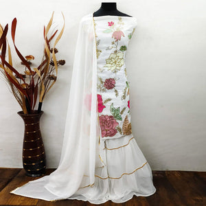 White Festive Wear Floral Embroidered Georgette Sharara Suit - Peachmode