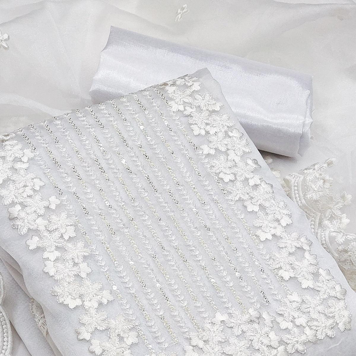 White Festive Wear Floral Embroidered Organza Dress Material - Peachmode