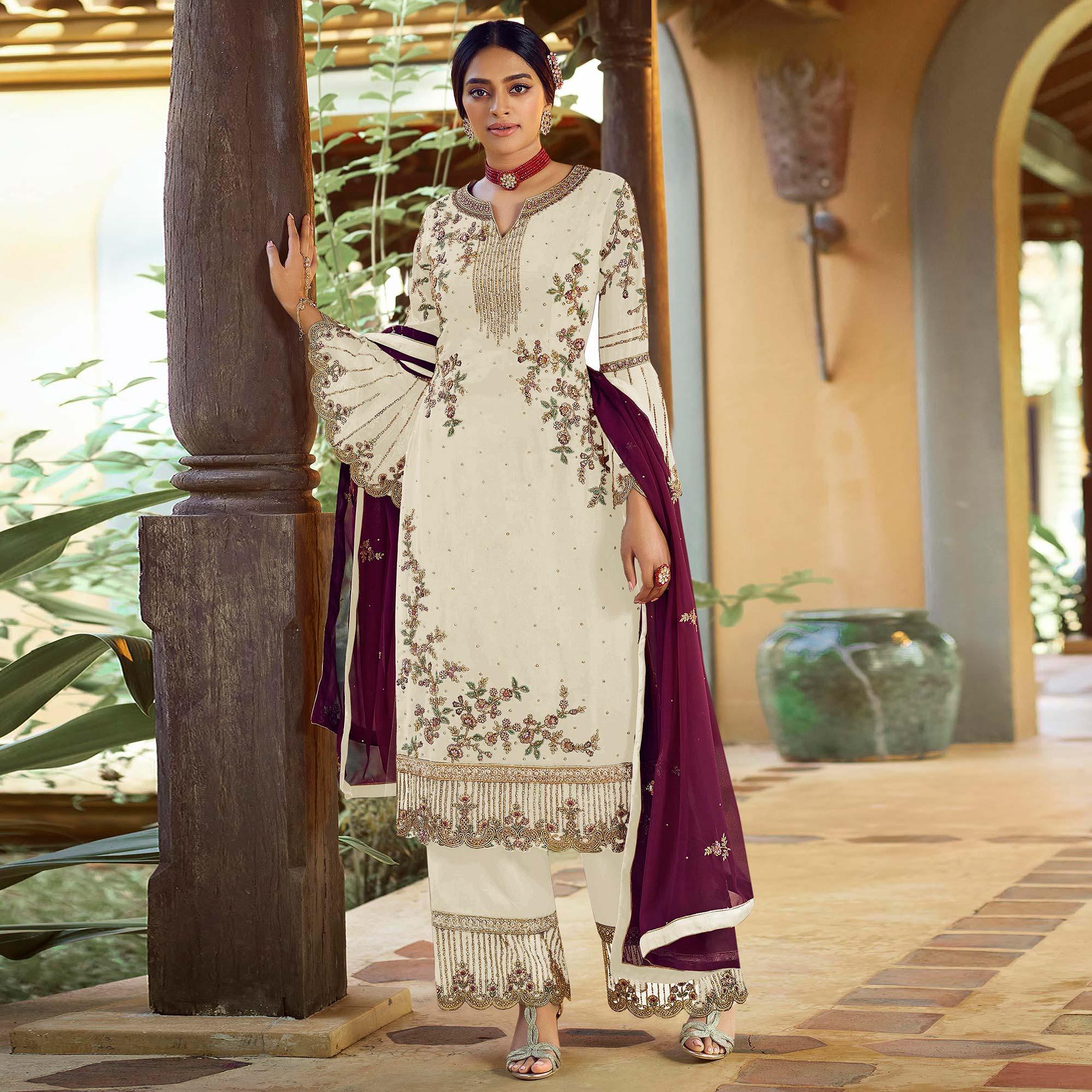 White Festive Wear Floral Embroidered Straight Faux Georgette Palazzo Style Suit - Peachmode