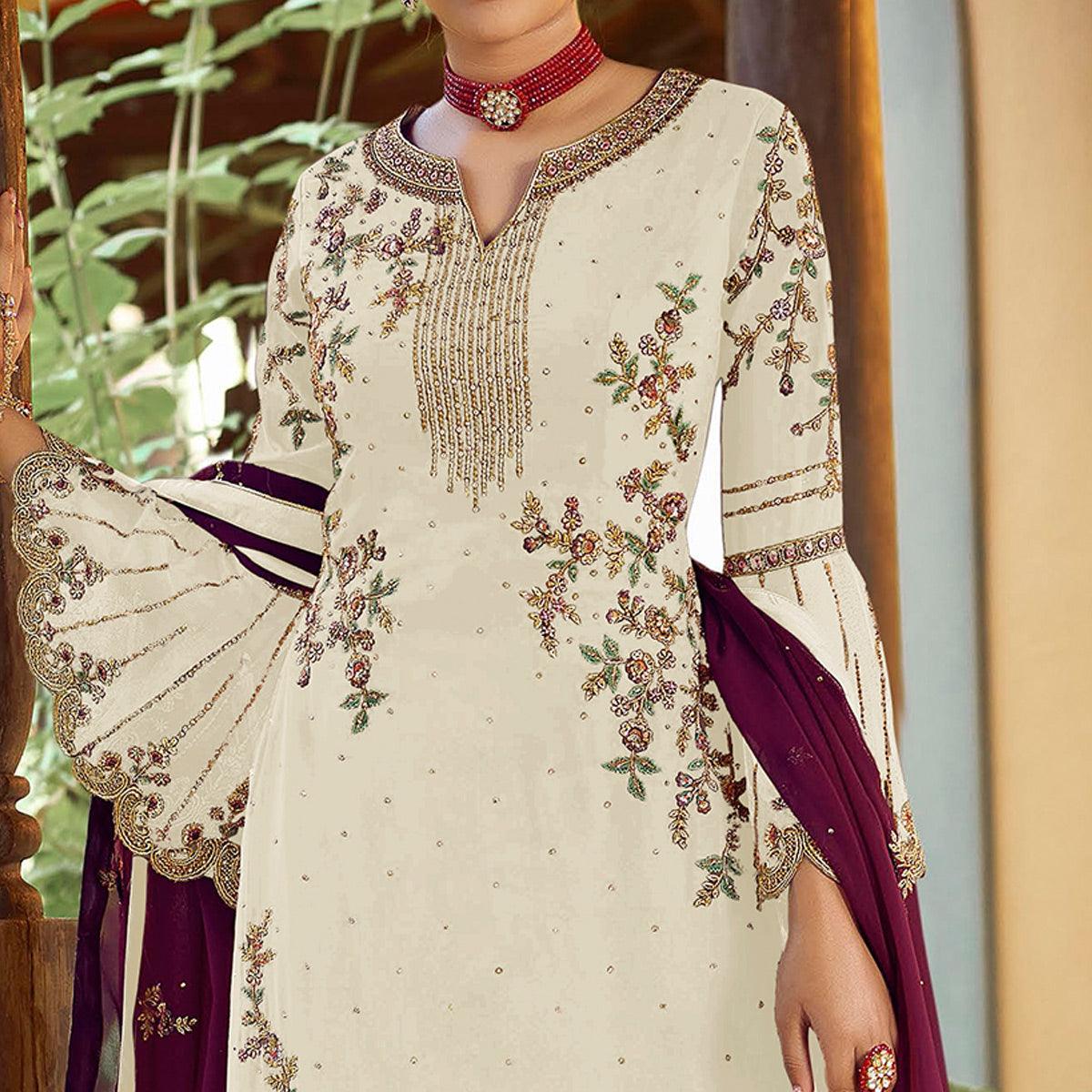 White Festive Wear Floral Embroidered Straight Faux Georgette Palazzo Style Suit - Peachmode
