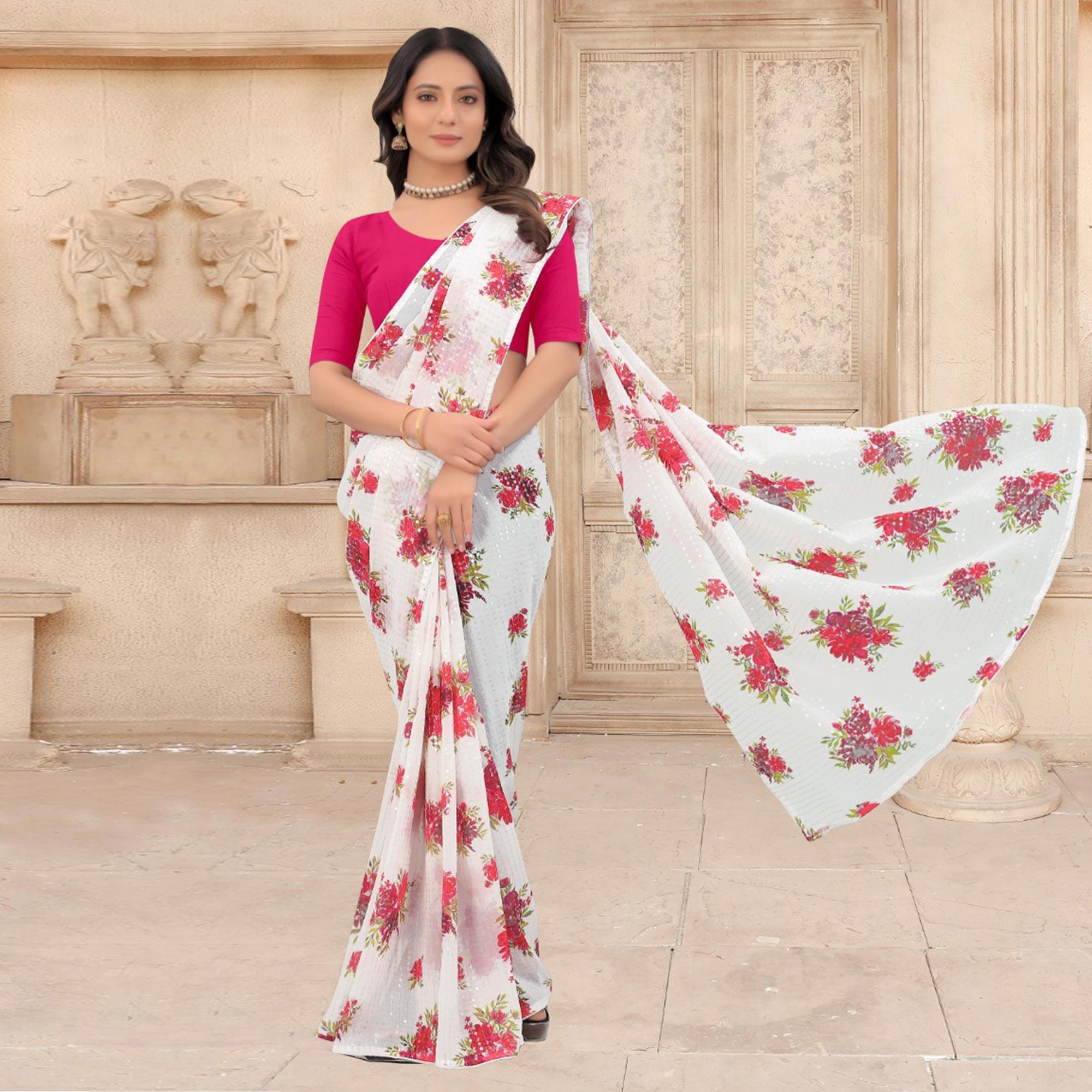 White Festive Wear Floral Printed With Sequence Georgette Saree - Peachmode