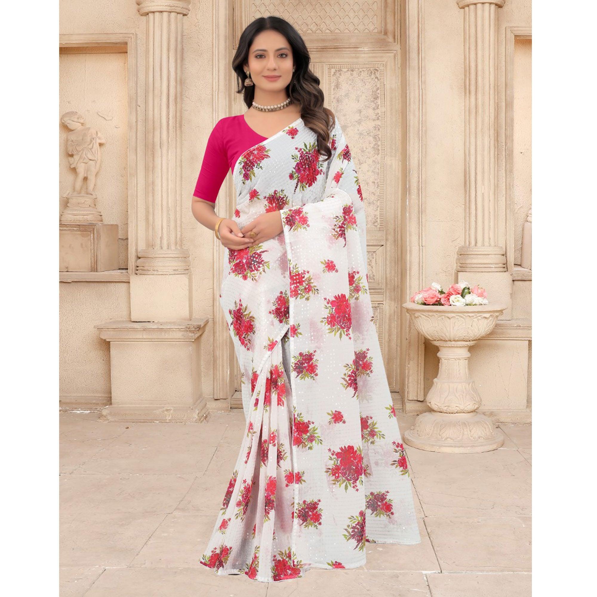 White Festive Wear Floral Printed With Sequence Georgette Saree - Peachmode