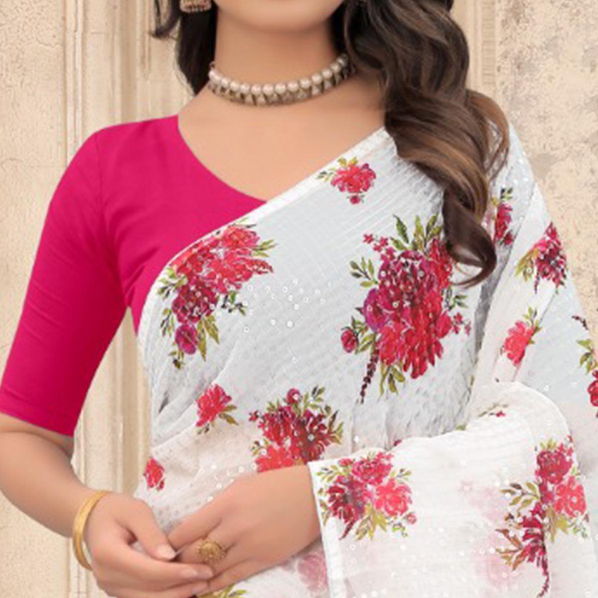 White Festive Wear Floral Printed With Sequence Georgette Saree - Peachmode