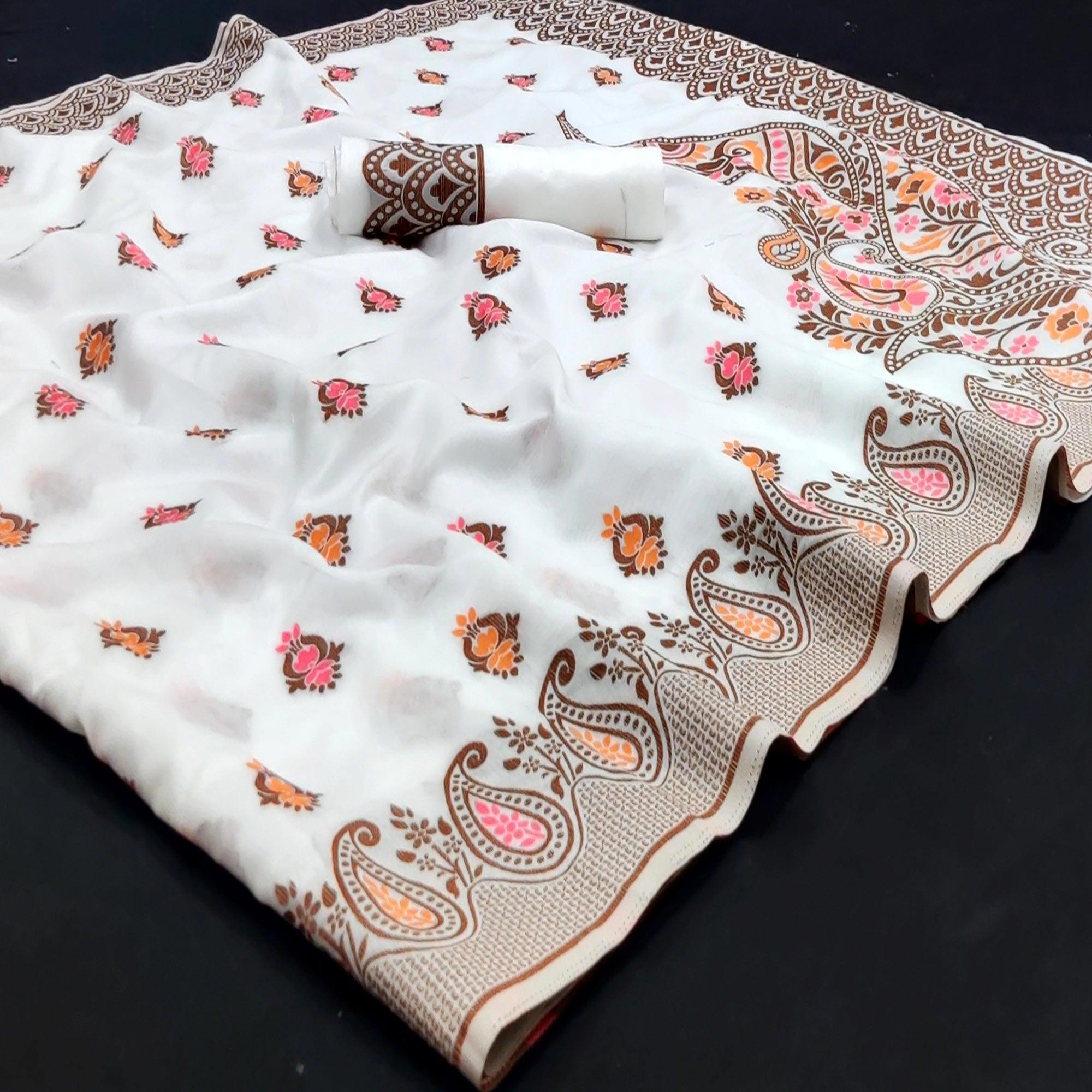 White Festive Wear Floral Thread Woven Pure Dola Silk Saree - Peachmode