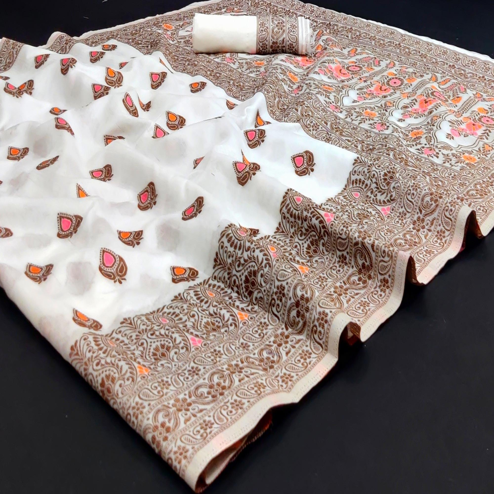 White Festive Wear Floral Thread Woven Pure Dola Silk Saree - Peachmode