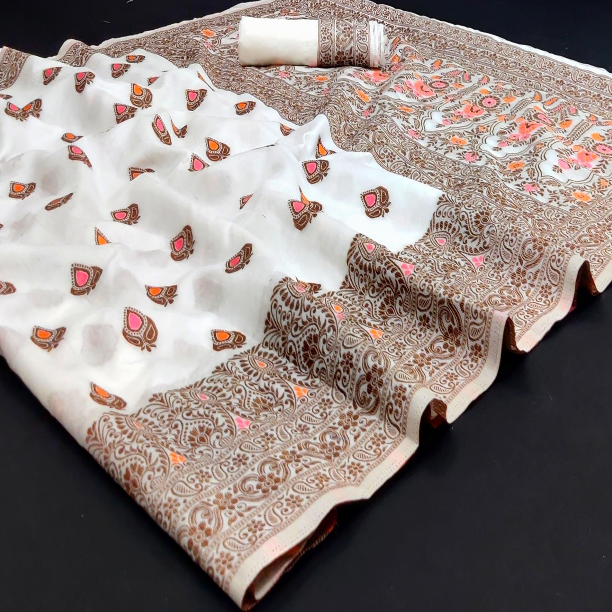 White Festive Wear Floral Thread Woven Pure Dola Silk Saree - Peachmode