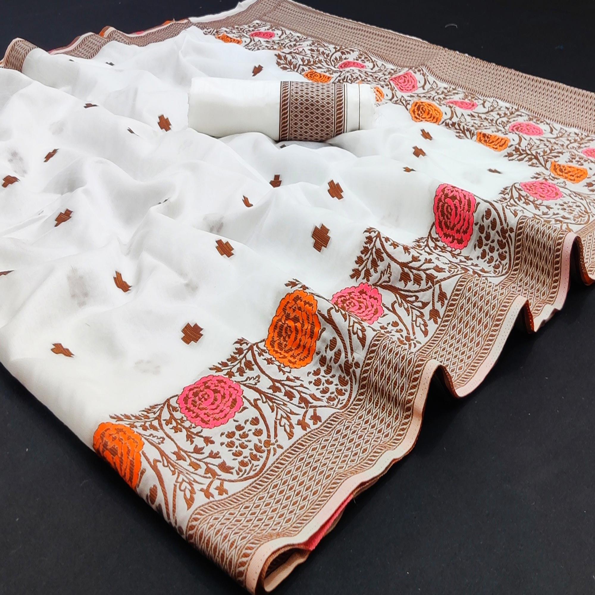 White Festive Wear Floral Thread Woven Pure Dola Silk Saree - Peachmode