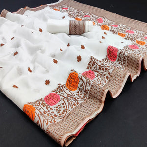 White Festive Wear Floral Thread Woven Pure Dola Silk Saree - Peachmode