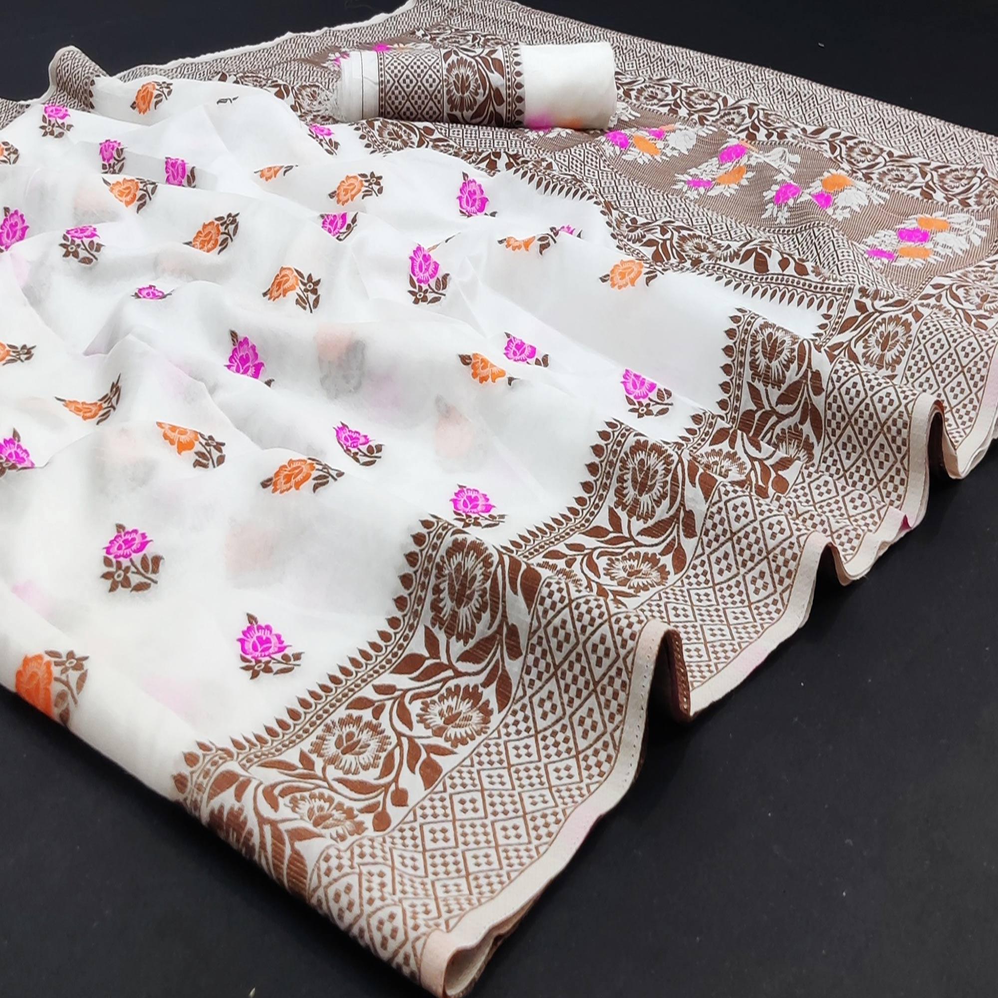 White Festive Wear Floral Thread Woven Pure Dola Silk Saree - Peachmode