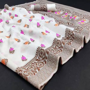 White Festive Wear Floral Thread Woven Pure Dola Silk Saree - Peachmode