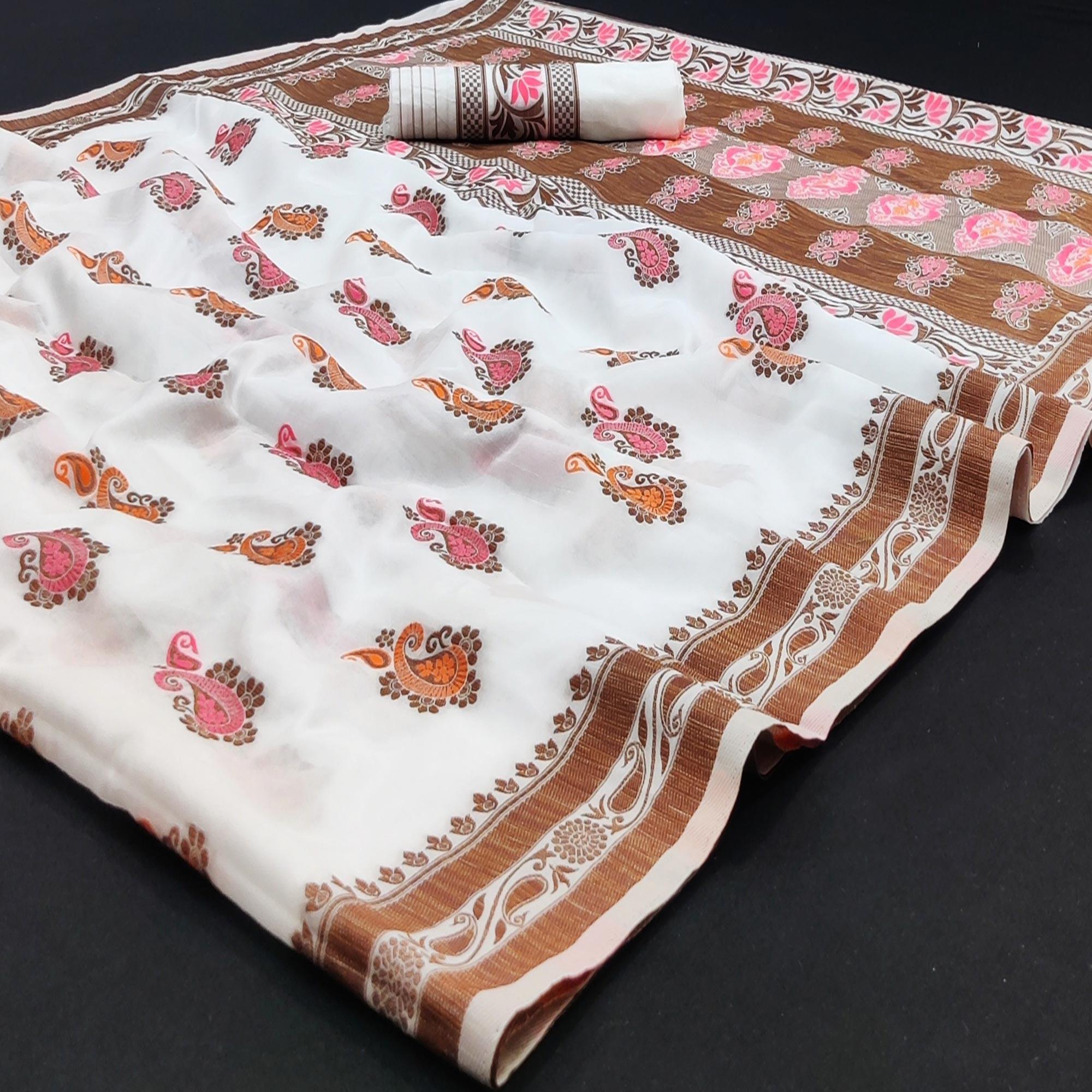 White Festive Wear Floral Thread Woven Pure Dola Silk Saree - Peachmode