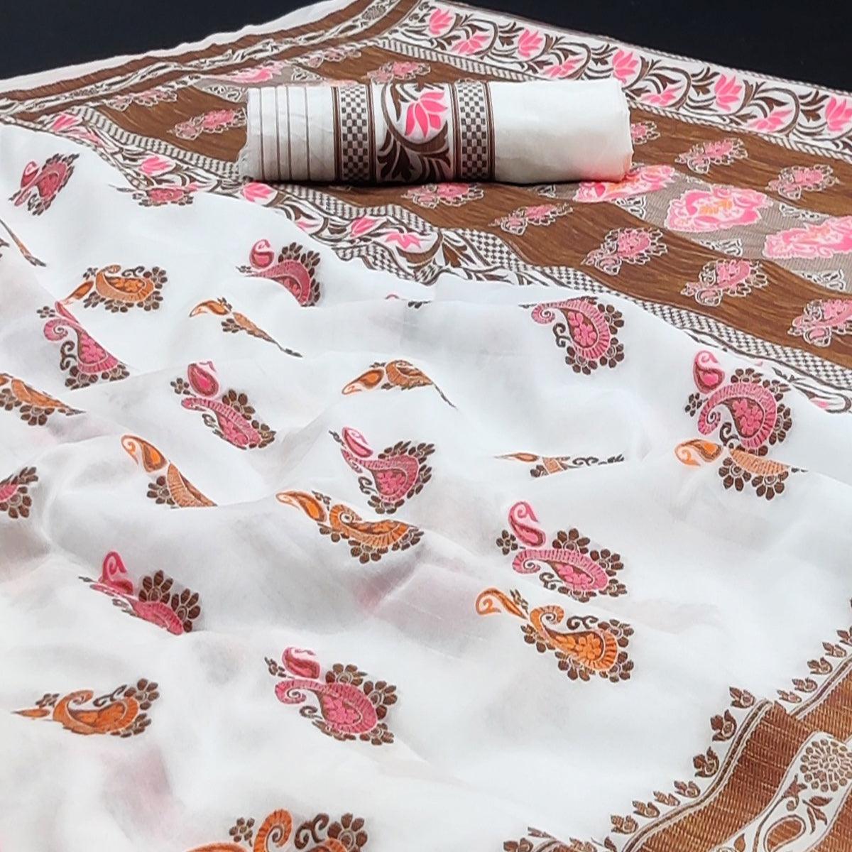 White Festive Wear Floral Thread Woven Pure Dola Silk Saree - Peachmode