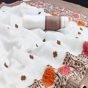 White Festive Wear Floral Thread Woven Pure Dola Silk Saree - Peachmode