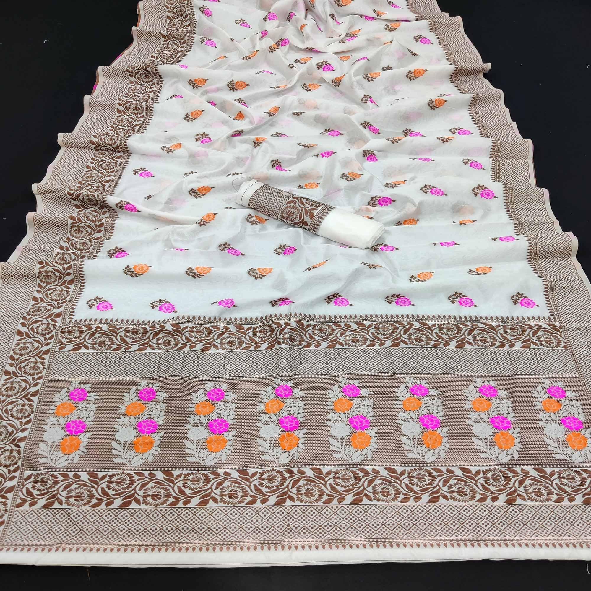 White Festive Wear Floral Thread Woven Pure Dola Silk Saree - Peachmode