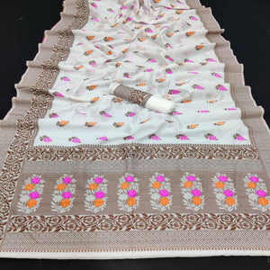 White Festive Wear Floral Thread Woven Pure Dola Silk Saree - Peachmode