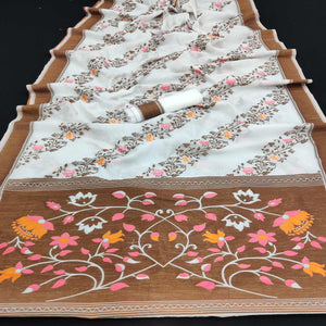 White Festive Wear Floral Thread Woven Pure Dola Silk Saree - Peachmode