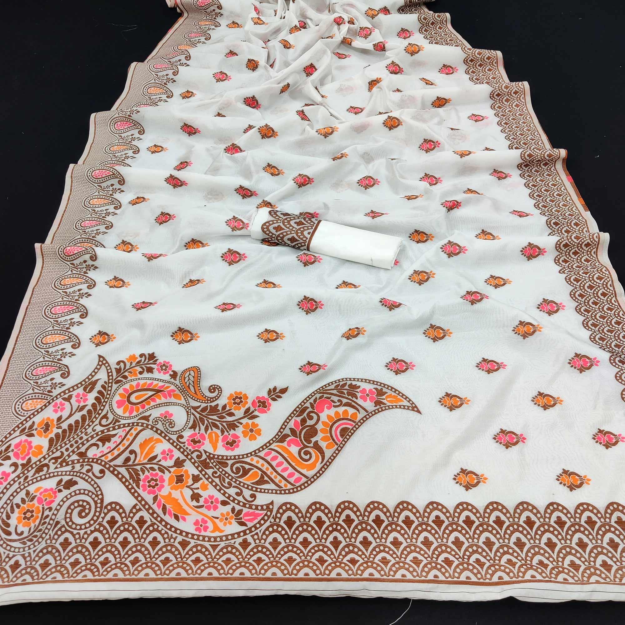 White Festive Wear Floral Thread Woven Pure Dola Silk Saree - Peachmode