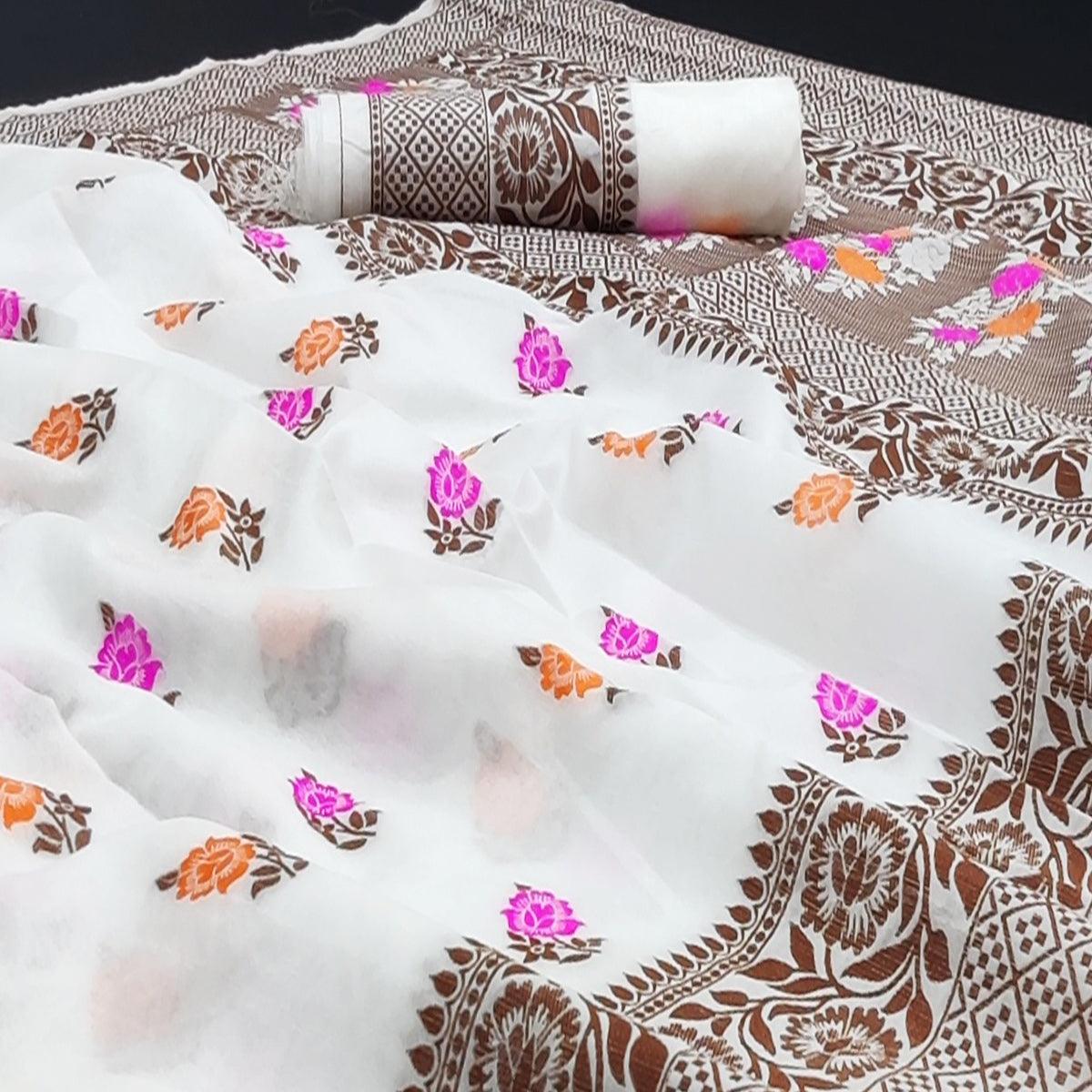 White Festive Wear Floral Thread Woven Pure Dola Silk Saree - Peachmode