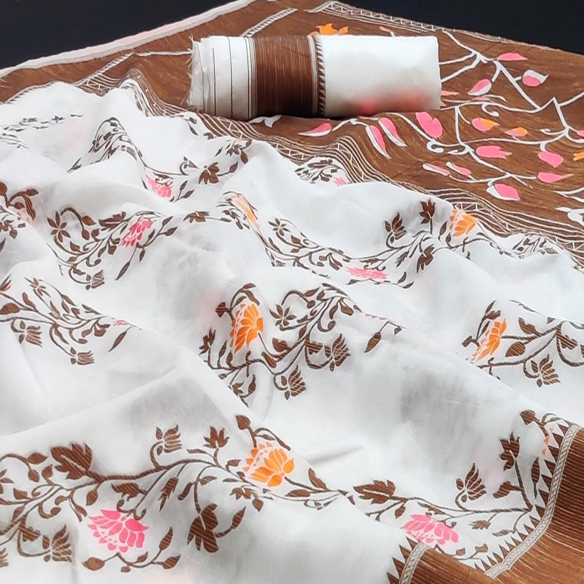 White Festive Wear Floral Thread Woven Pure Dola Silk Saree - Peachmode