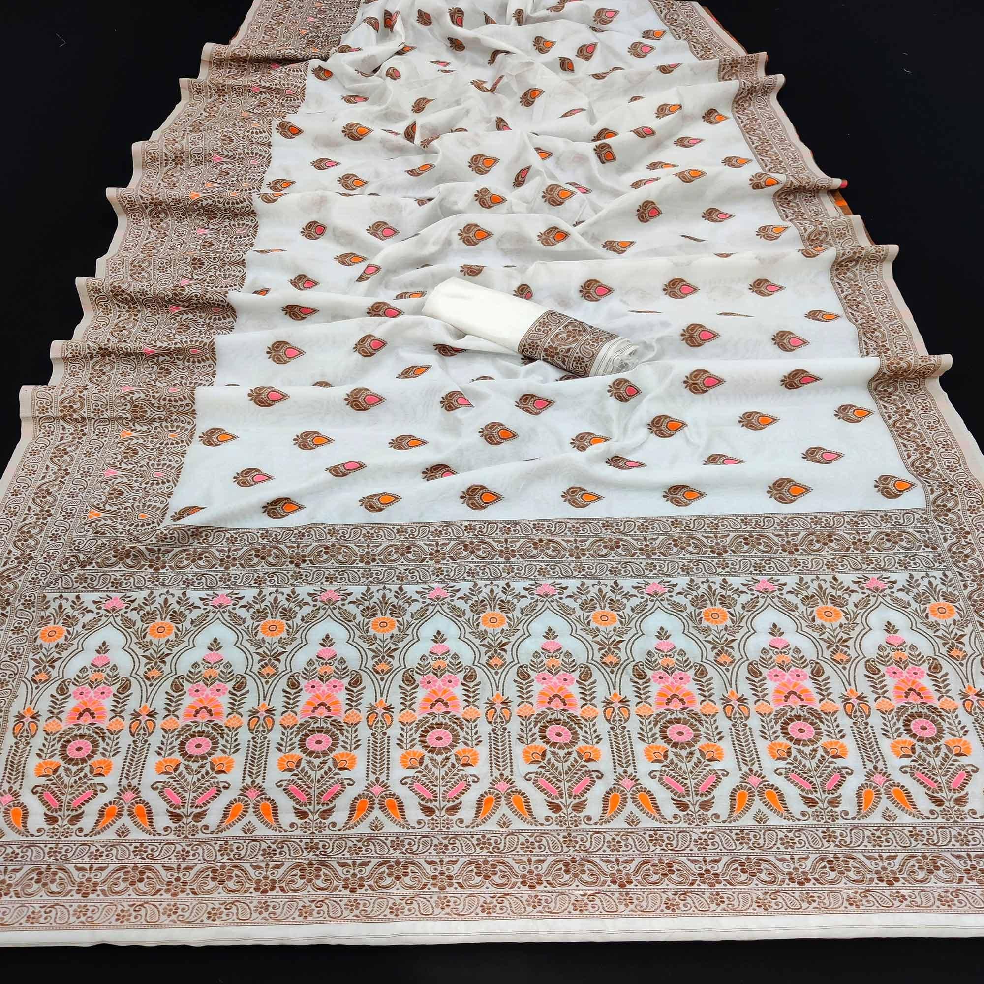 White Festive Wear Floral Thread Woven Pure Dola Silk Saree - Peachmode