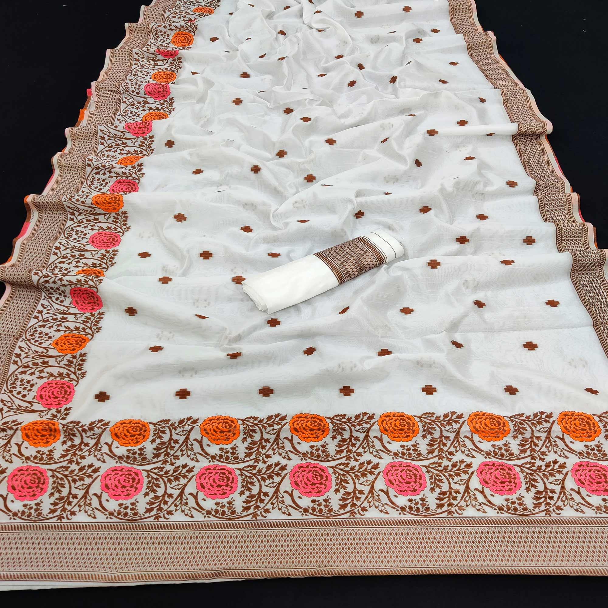White Festive Wear Floral Thread Woven Pure Dola Silk Saree - Peachmode