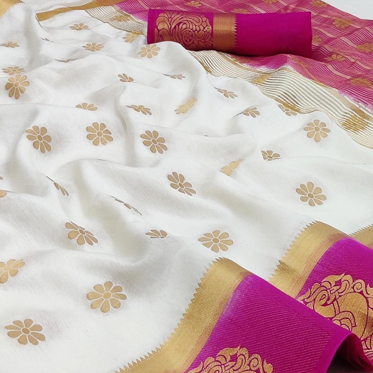 White Festive Wear Jacquard Border Soft Silk Saree - Peachmode