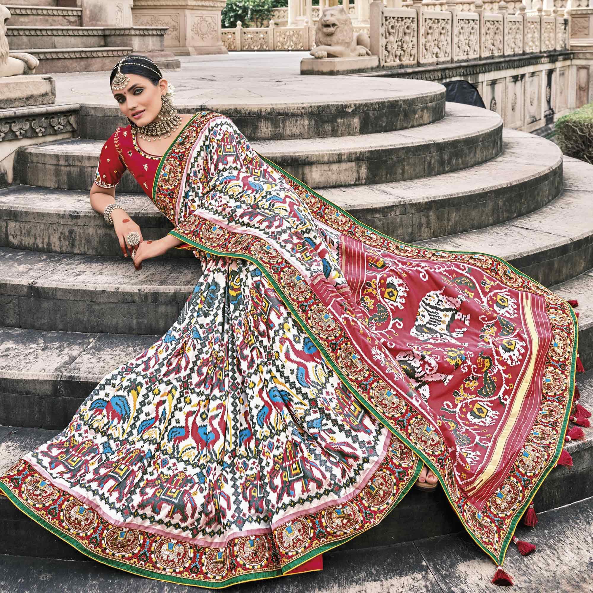 White Festive Wear Plain & Hand Work  Pure Silk Saree - Peachmode